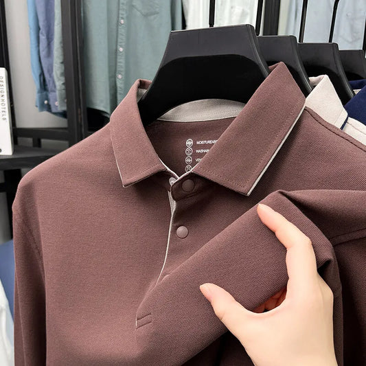 Men's Long Sleeve T-Shirt in Spring and Autumn, Solid Color Polo Shirt with Collar, Business Casual Slim Fit Base Layer.M-4XL